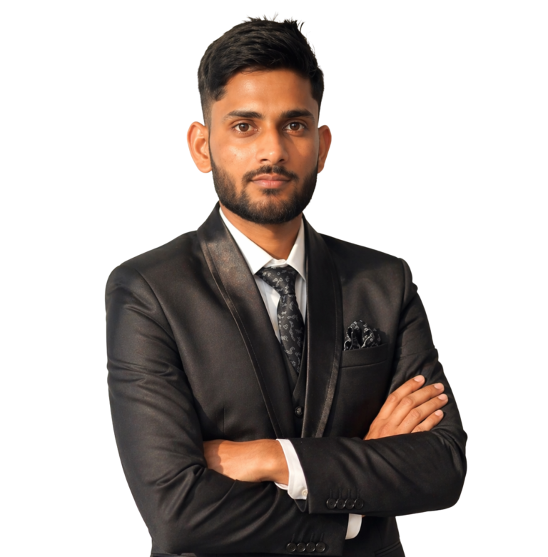 Mohit Saini, professional website designer in Gurgaon and founder of Web Bazaar Pro, standing confidently in a modern business portrait.