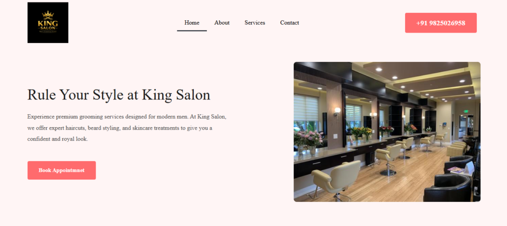 Modern King Salon website design with stylish salon interior, beauty services, and professional grooming layout.